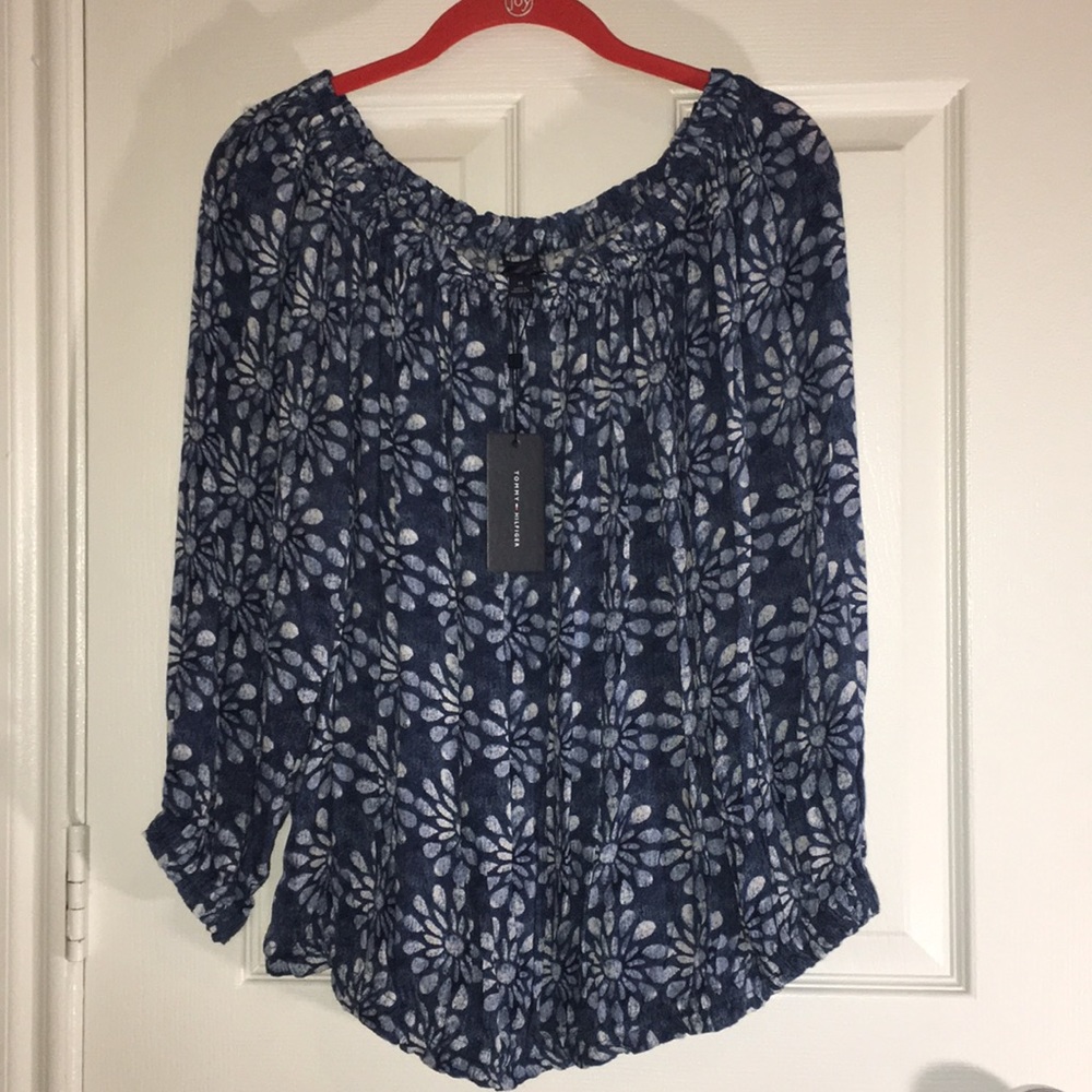 NWT Tommy Hilfiger blue peasant top SZ M scoopneck